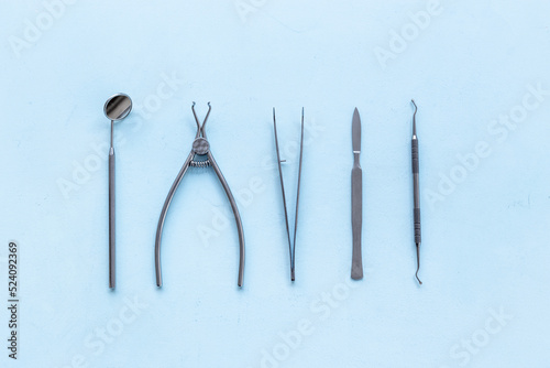 Medical steel equipment tools. Dental or surgical instruments
