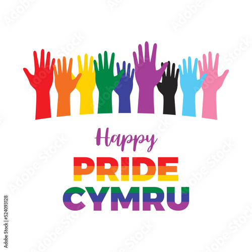 Happy Pride Cymru icon vector. Pride Cymru festival poster with rainbow raised hands up icon vector isolated on a white background. LGBT design element. Colored palm of hand