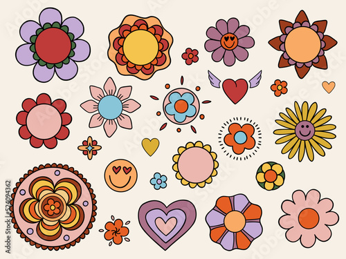 Illustration of a set of linear stickers with floral elements in the style of the 70s. Daisies, daisies, smileys, hearts, stars. Isolated objects on a plain background.