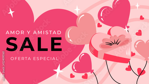 Plantilla horizontal editable con diseño vectorial con concepto de amor y amistad, globos en forma de corazón, espacio para texto y logo de empresa.