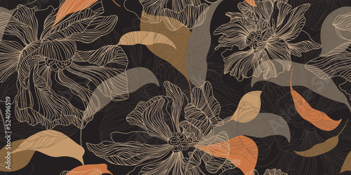Seamless pattern with garden flowers and leaves. Golden peonies on a black background. Can be used for textile, manufacturing, book covers, wallpapers, print or gift wrap. Vector illustration