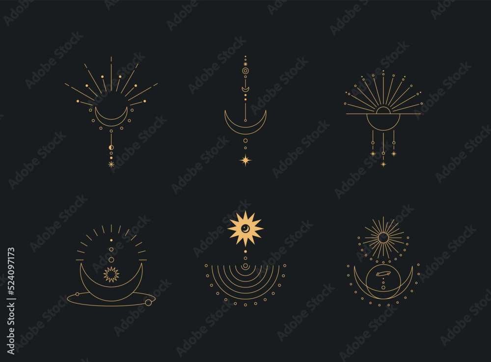 Set of moon and sun line art. Minimal boho linear symbols. Celestial mystic element. Vector line art illustration. Set of moon and sun line art. Minimal boho linear symbols. Celestial mystic element. Vector line art illustration.