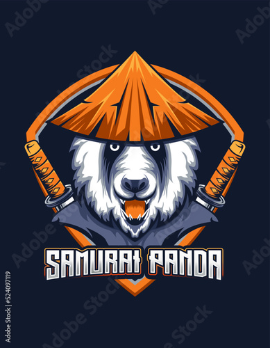 Samurai Panda mascot with straw hat and sword for e-sport gaming logo vector design