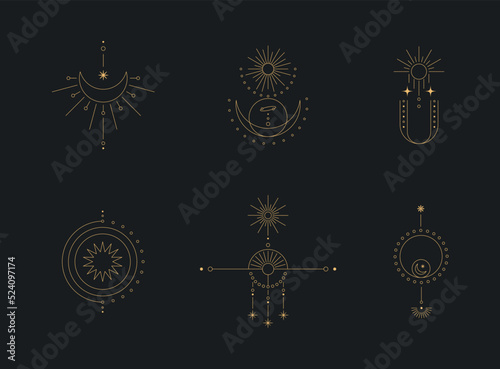 Set of moon and sun line art. Minimal boho linear symbols. Celestial mystic element. Vector line art illustration.