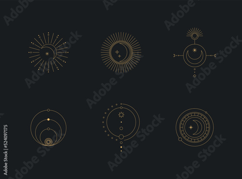 Set of moon and sun line art. Minimal boho linear symbols. Celestial mystic element. Vector line art illustration.