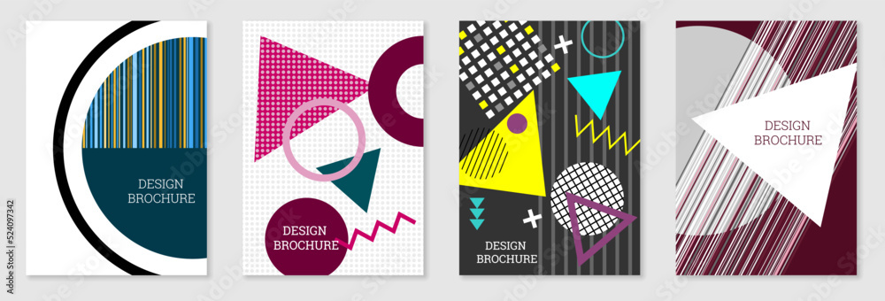 Set of cover design in Memphis style. Geometric design, abstract background. Fashionable bright cover, banner, poster, booklet. Creative colors. Set of cover design in Memphis style. Geometric design, abstract background. Fashionable bright cover, banner, poster, booklet. Creative colors.