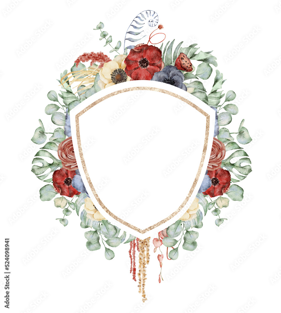 Watercolor frame with anemone flowers, eucalyptus and monstera leaves. Hand drawn illustration Watercolor frame with anemone flowers, eucalyptus and monstera leaves. Hand drawn illustration