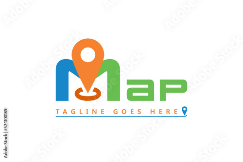 Letter M Map Typography Vector For GPS Map App Logo Design, Map Logo With Pin Point Location