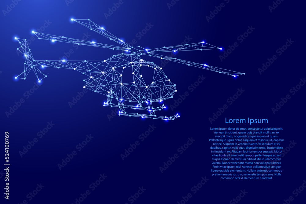 Helicopter flying, from futuristic polygonal blue lines and glowing stars for banner, poster, greeting card. Vector illustration.
