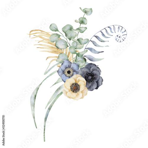Fotótapéta Watercolor bouquet with anemone flowers, eucalyptus and monstera leaves