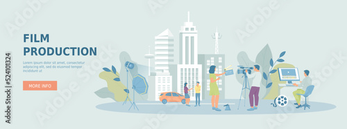 Film Production. Outdoor filmmaking scene. Shooting film with actors, camera, light, microphone. Promotional web banner. Cartoon flat vector illustration with people characters.
