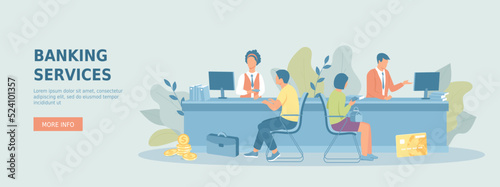 Banking Financial services. Money exchange, transfer, payment, accounts operation. Bank office interior, finance manager. Promotional web banner.Cartoon flat vector illustration with people characters