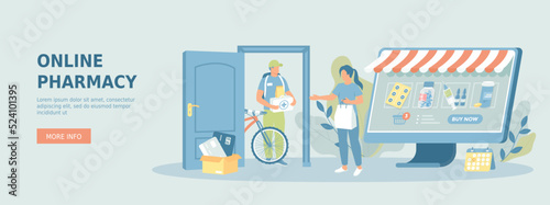 Online Pharmacy. Online medical store with delivery. Health service, medical care app. Woman orders medicines. Promotional web banner. Cartoon flat vector illustration with people characters.
