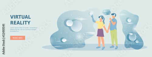 Virtual Augmented Reality. Innovation technology. Man and woman wearing VR headsets look into the virtual world. Promotional web banner. Cartoon flat vector illustration with people characters.