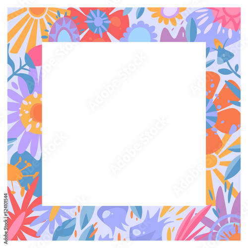 Vector photo frame with stylized cute flowers in soft colors