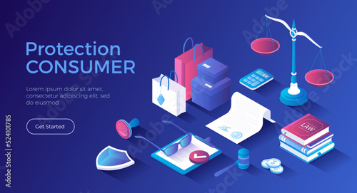 Consumer protection. Buyer's legal rights, purchase safety. Buyer seller relationship regulations. Isometric landing page. Vector web banner.