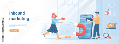 Inbound Marketing. Strategy attracting customers with useful content adapted to user requests. Flat concept great for social media promotional material. Website banner on white background.