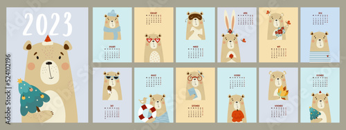 Yearly monthly design calendar 2023 with cute bear. Set of 12 pages and cover in English. Vector Vertical template. Week from Monday. Stationery, planner, organizer with Funny animal pastel color