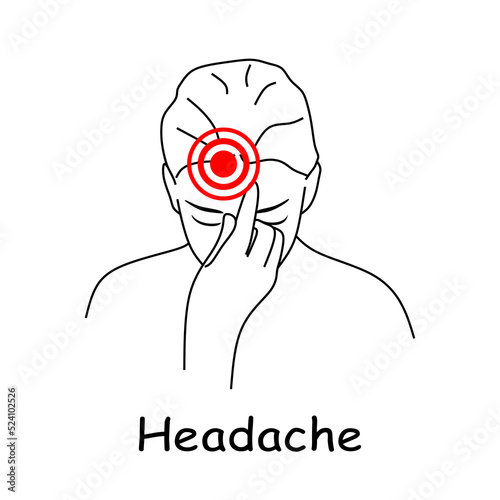 Headache linear icon. Vector abstract minimal illustration of young asian woman with red spot on her head suffers from headache. Design template for medicine or therapy for headache