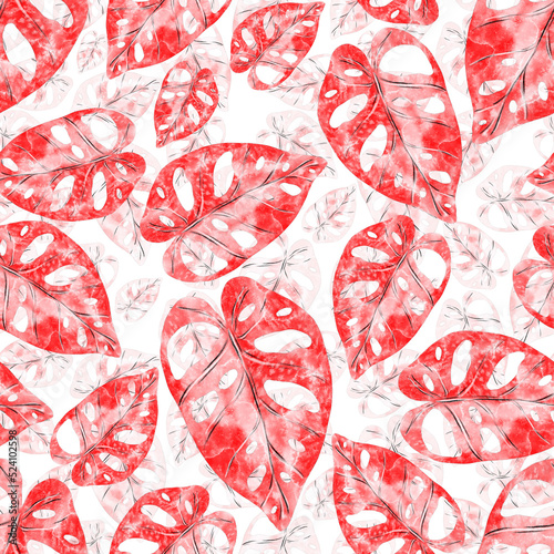 Watercolor seamless pattern with colorful abstract tropical leaves. Bright su...