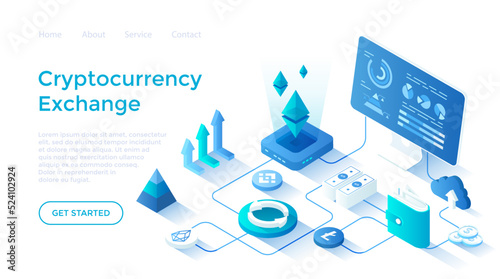 Cryptocurrency Exchange to dollars platform  Blockchain.  Money market, finance trading, analytics, graphs, profit. Landing page template for web on white background. photo