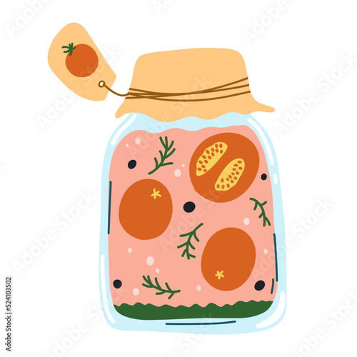 Home made tomato pickles, canned vegetables in cartoon hand drawn flat style. Vector illustration of glass jar with preserved food. Autumn harvest season, marinated veggies