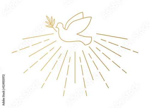 golden dove with olive branch and sun rays, Holy Spirit, peace concept- vector illustration