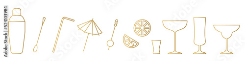 set of golden line icons of bartending accessories: shaker, stirrer, straw, umbrella, olives, lemon slices and glasses - vector illustration