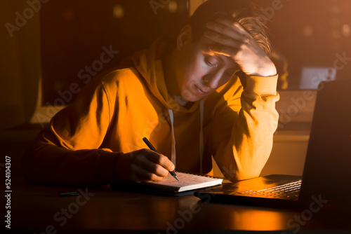 Tableau sur toile Man is working on a laptop and writing notes.