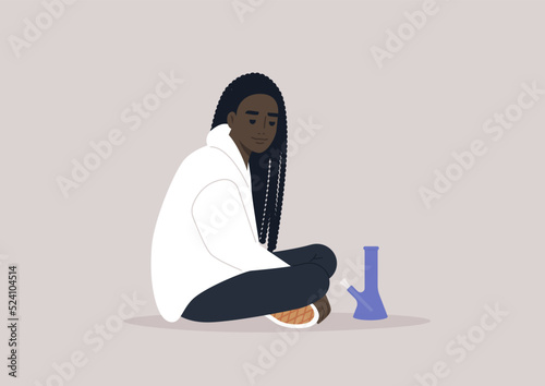 A young adult African female character smoking weed with a glass bong