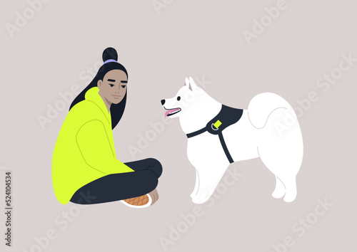 A young female Asian character sitting on the floor with their samoyed dog