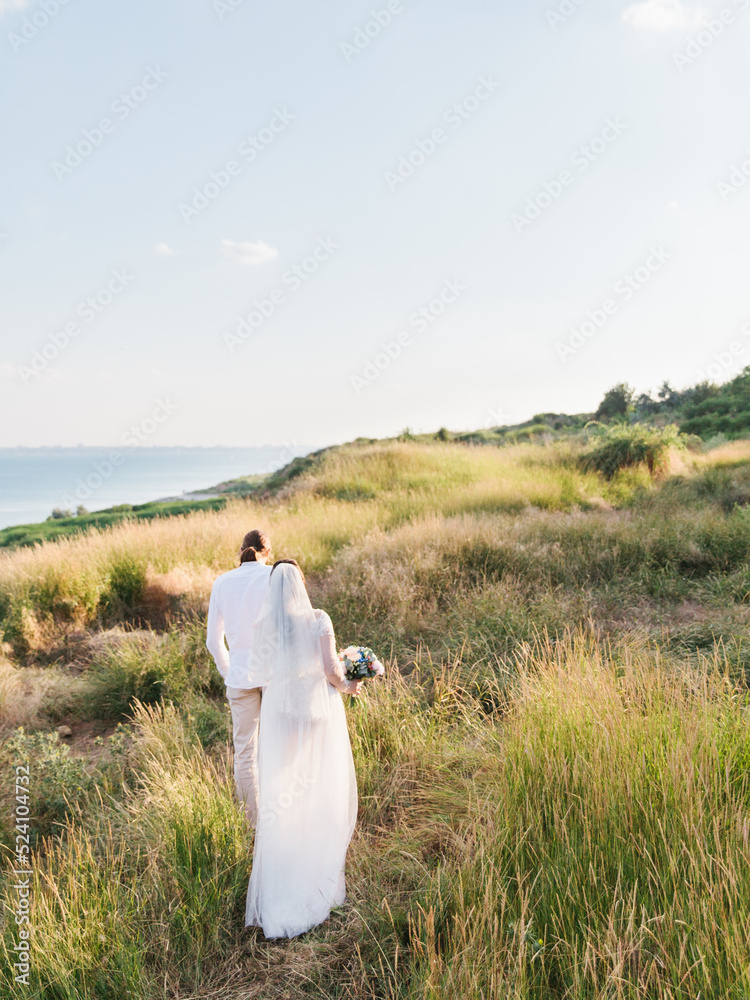 The groom in a beige suit, and the bride in a white dress with a long veil are walking along a hill overgrown with steppe grasses. The sea is in the background.