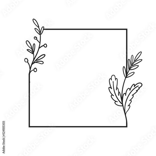 Floral square frame. Vintage botanical hand drawn element for design invitations, cards and labels. Natural ornaments. Vector illustration.