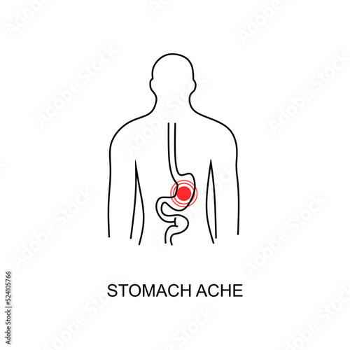 Stomach ache linear icon. Vector abstract minimal illustration of young man with red spot on his tummy suffers from stomach ache. Design template for medicine or therapy for upset stomach or ulcer.