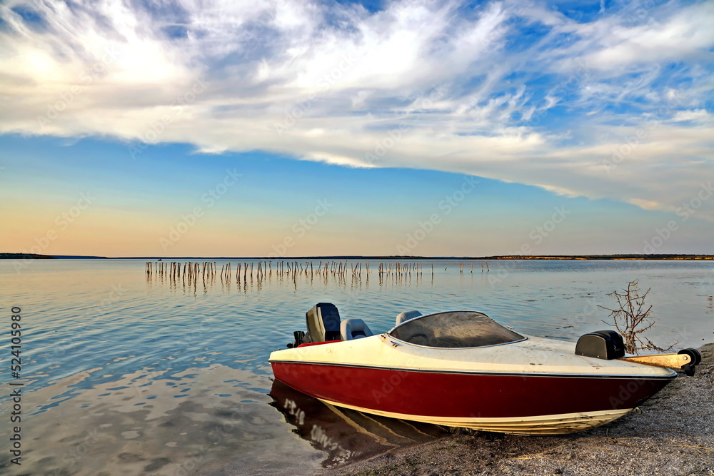 Landscape views coastline and water surface of the Tiligul lake before sunset. Nature of Ukraine, 2019. 