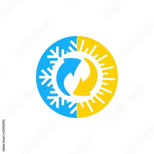 Hot and cold - flat vector icon with symbols of sun and snowflake - climate control, difference, climate change, thermometer - temperature index visualization
