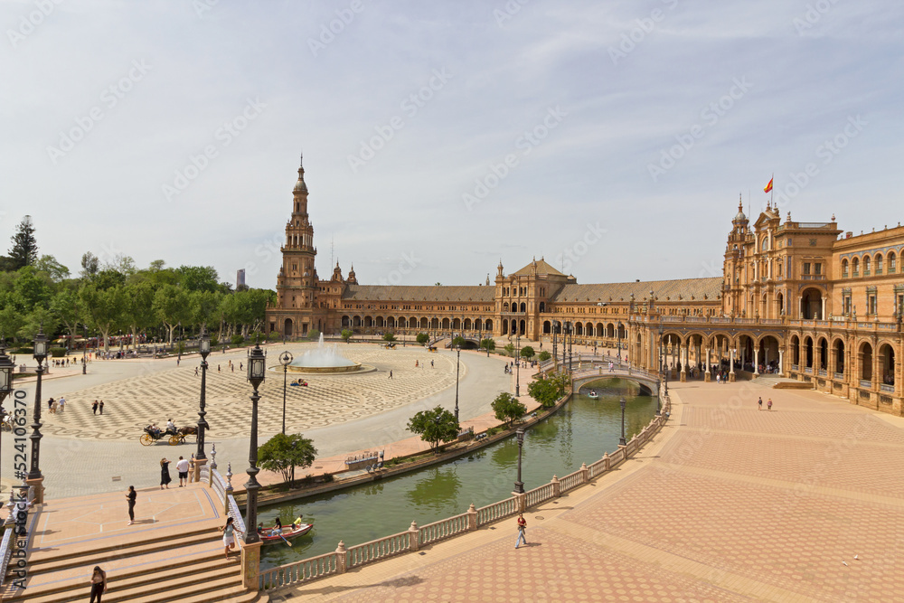 Panoramic view of the Plaza de Espana in Seville in Spain. One of the most spectacular monuments in the world and one of the best buildings of Andalusian regionalism.