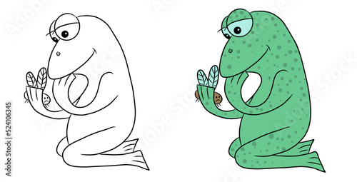 frog who caught a fly and looks at it, cartoon frog, funny and cute character, black and white contour drawing coloring, hand-drawn