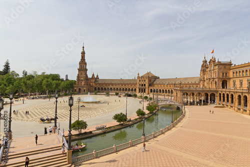 Panoramic view of the Plaza de Espana in Seville in Spain. One of the most spectacular monuments in the world and one of the best buildings of Andalusian regionalism.