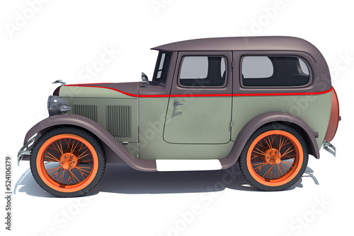 Old antique car 3D rendering on white background