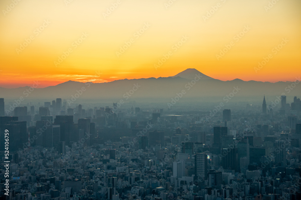 Fototapeta premium Sunset over the city of Tokyo with Mount Fuji in the background. Photo taken from the tokyo sky tree with a beautiful view of the metropolis, a clear sky and the Japanese mountains in the distance.