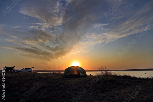 Sunset. Landscape views coastline and water surface of the Tiligul lake. Nature of Ukraine, 2019. 