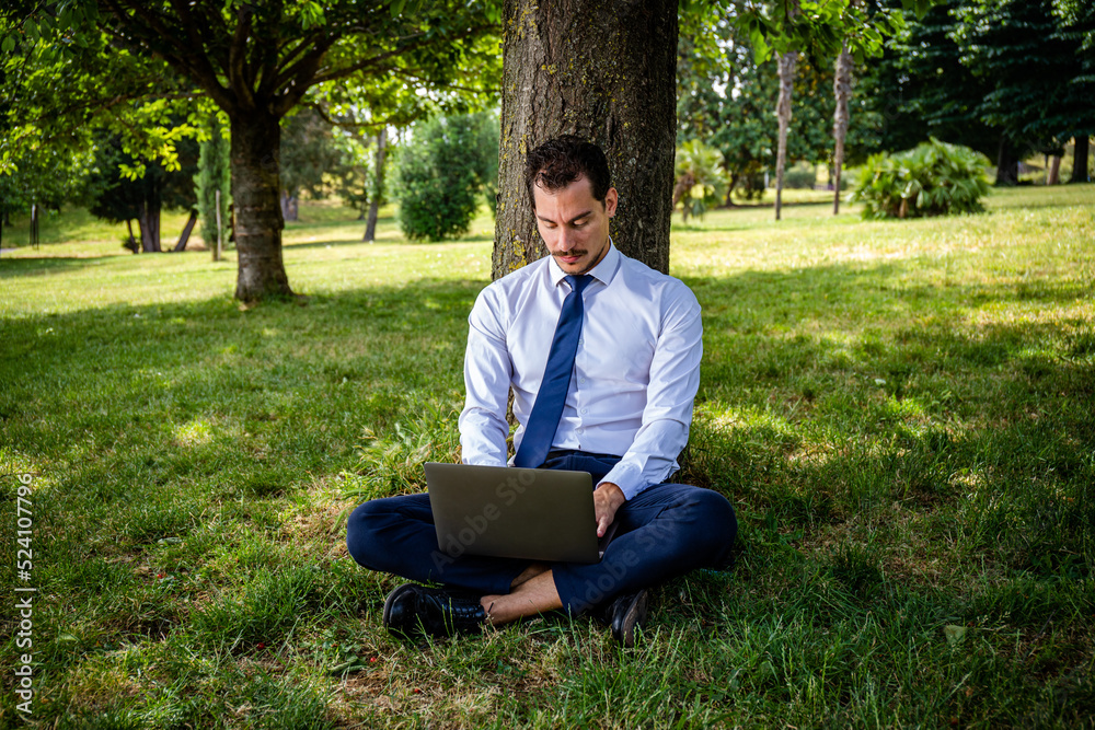 The beautiful businessman is working in a park. The young businessman is sitting on the lawn and writing a work email. The beautiful businessman is working in a park. The young businessman is sitting on the lawn and writing a work email.