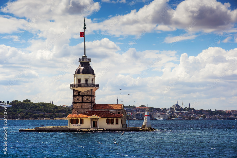 Bosphorus with famous Maiden Tower Kiz Kulesi in Istanbul in sunny day