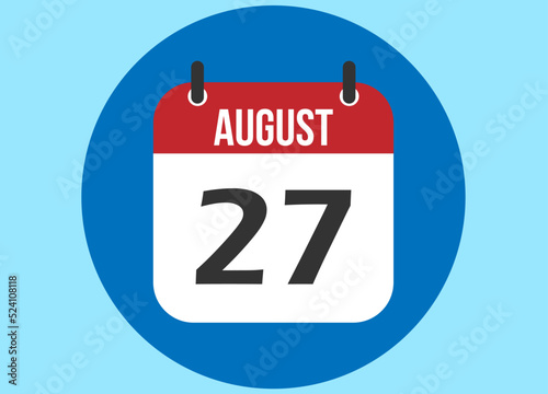 27 August blue calendar vector. Calendar august with circle in background clear.