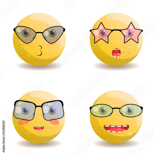A set of four emoji with different emotions, in different colors, in oval and triangle shaped glasses, square and star with black frame.