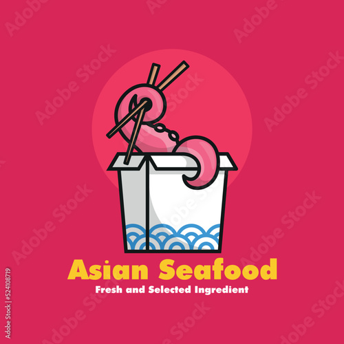 ASIAN FOOD CARTOON LOGO WITH OCTOPUS TENTACLE IS HOLDING CHOPSTICKS