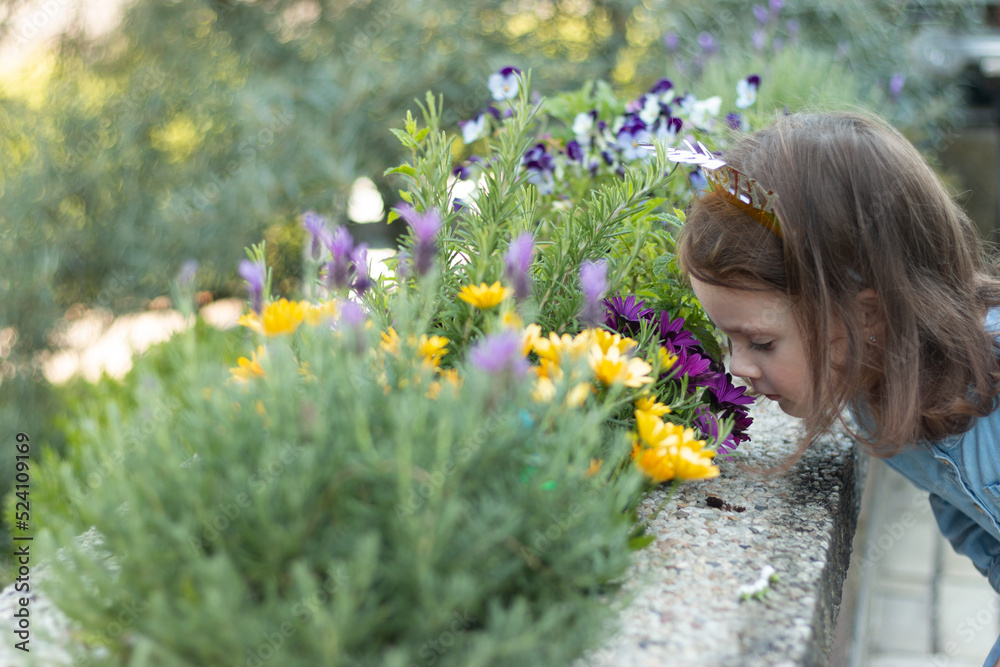 A little beautiful modest girl with a crown happy birthday on her head and in a denim blue dress leaned over the flowers in a flower bed A little beautiful modest girl with a crown happy birthday on her head and in a denim blue dress leaned over the flowers in a flower bed