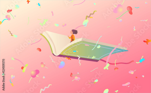 Book of imagination with a girl, Education dream hope inspiration and freedom concept, surreal painting. Fantasy art, conceptual artwork, happiness of child , Vector illustration.