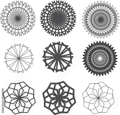 Vector texture or background of repetitive figures and shapes that make up ornamental circles.
